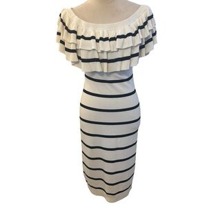 Line + Dot Black White Striped Off The Shoulder Ruffle Knit Midi Dress Medium